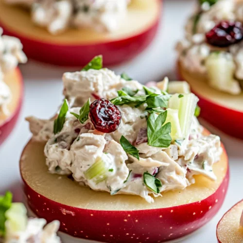Cranberry Chicken Salad On Apple Slices: A Healthy Twist On Lunch 2 Cranberry Chicken Salad On Apple Slices Served On A White Plate With Fresh Cranberries And Celery