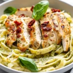 Creamy Chicken Pesto Pasta Topped With Sun-Dried Tomatoes And Spinach In A White Bowl, Garnished With Parmesan.