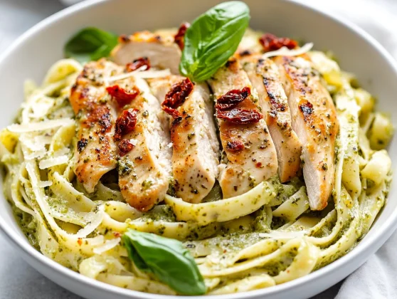 Creamy Chicken Pesto Pasta With Spinach – Easy, Delicious Dinner 2 Creamy Chicken Pesto Pasta Topped With Sun-Dried Tomatoes And Spinach In A White Bowl, Garnished With Parmesan.