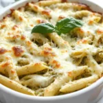 Creamy Pesto Chicken Pasta Bake In A White Dish, Topped With Melted Cheese And Garnished With Fresh Basil