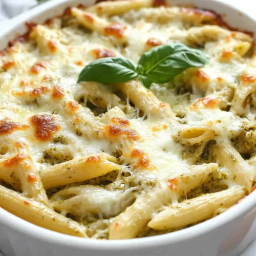 Creamy Pesto Chicken Pasta Bake – A Healthy And Delicious Dinner 2 Creamy Pesto Chicken Pasta Bake In A White Dish, Topped With Melted Cheese And Garnished With Fresh Basil