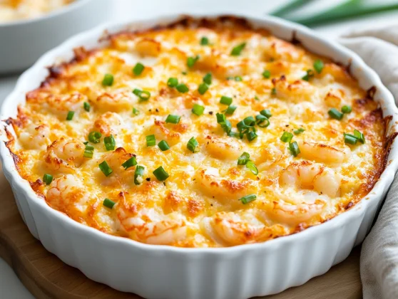 Creamy Shrimp And Crab Casserole: Perfect For Nutritious Comfort Food 2 Creamy Shrimp And Crab Casserole In A White Dish Topped With Golden Cheese And Garnished With Green Onions