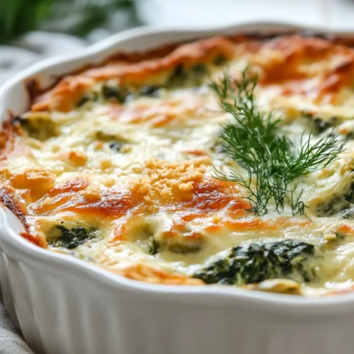 Creamy Spinach Bake With A Crispy Topping Served In A White Dish, Garnished With Fresh Dill