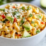 Creamy Street Corn Pasta Salad In A White Bowl Topped With Avocado, Cotija Cheese, And Lime Dressing