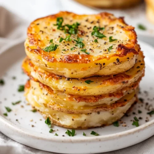 Crispy Cacio E Pepe Potato Stacks Garnished With Parsley And Black Pepper On A White Plate