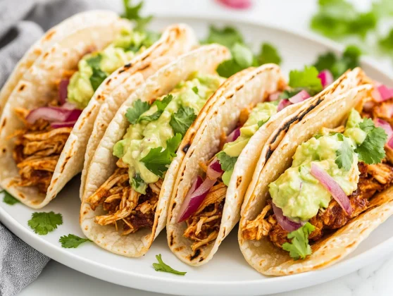 Crockpot Chicken Tinga Tacos With Avocado Jalapeño Crema 2 Crispy Crockpot Chicken Tinga Tacos Served On A White Plate, Topped With Avocado Crema And Fresh Herbs