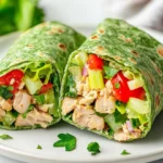 Crunchy Tuna Wraps Cut In Half On A White Plate, Filled With Vibrant Veggies And Garnished With Parsley.