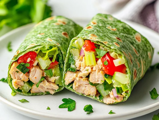 Crunchy Tuna Wraps Cut In Half On A White Plate, Filled With Vibrant Veggies And Garnished With Parsley.
