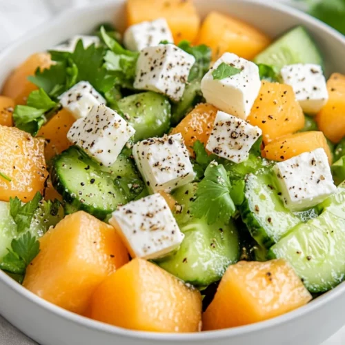 Cucumber Melon Salad In A White Bowl Garnished With Feta Cheese And Watercress, Vibrant And Refreshing