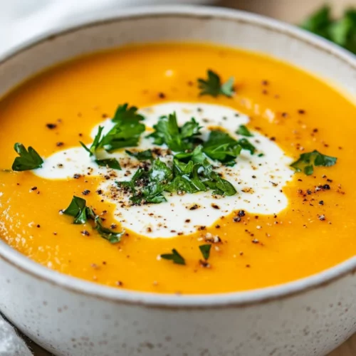 Bowl Of Easy Carrot Soup Garnished With Fresh Parsley And A Drizzle Of Cream On A Wooden Table