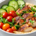 Bowl Of Easy Chicken Hummus Bowls Topped With Chicken, Cucumbers, And Cherry Tomatoes, Garnished With Parsley