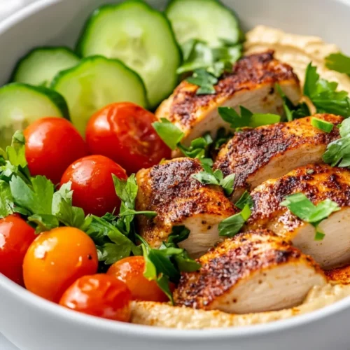 Easy Chicken Hummus Bowls: Healthy Mediterranean Delight 2 Bowl Of Easy Chicken Hummus Bowls Topped With Chicken, Cucumbers, And Cherry Tomatoes, Garnished With Parsley
