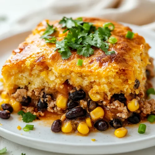 Delicious Easy Chicken Tamale Pie With Golden Cornbread Topping, Garnished With Cilantro On A White Plate