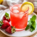Glass Of Easy Strawberry Lemonade Garnished With Lemon Slices And Mint On A White Plate With Fresh Strawberries