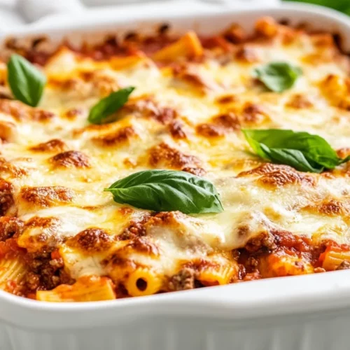 Easy Ziti Bake: A Simple, Cheesy Dinner Favorite 2 Delicious Easy Ziti Bake In A White Dish, Topped With Melted Cheese And Fresh Basil, Served Warm.