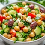Delicious Feta Chickpea Salad In A White Bowl With Cucumbers, Olives, And Fresh Parsley On A Neutral Background