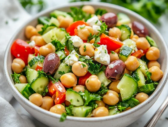 Feta Chickpea Salad: A Quick &Amp; Healthy Mediterranean Recipe 2 Delicious Feta Chickpea Salad In A White Bowl With Cucumbers, Olives, And Fresh Parsley On A Neutral Background