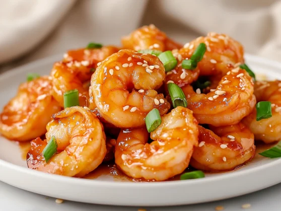 Firecracker Shrimp On A White Plate Garnished With Green Onions And Sesame Seeds, Glistening With Sauce