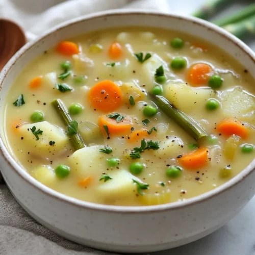 Bowl Of French Spring Soup With Leeks, Carrots, And Asparagus, Garnished With Parsley On A White Table