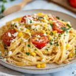 Plate Of Fresh Corn Tomato Fettuccine Topped With Feta Cheese And Parsley In A Bright, Inviting Setting