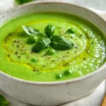 Bowl Of Fresh Pea Soup Garnished With Herbs And Olive Oil On A Neutral Background.