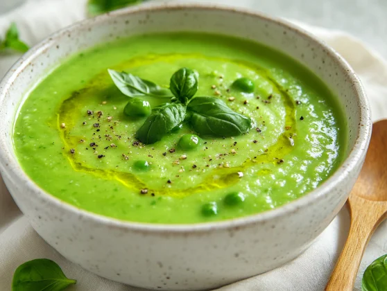 Bowl Of Fresh Pea Soup Garnished With Herbs And Olive Oil On A Neutral Background.