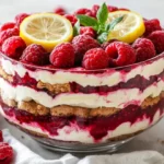 Fresh Raspberry Tiramisu In A Glass Dish, Layered With Creamy Mascarpone, Topped With Fresh Raspberries And Lemon Slices