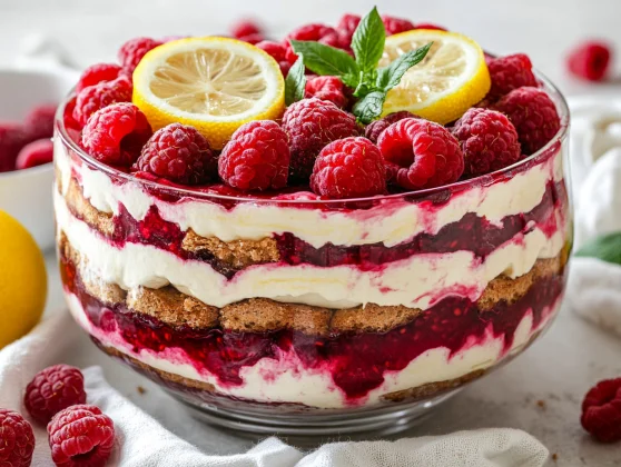 Fresh Raspberry Tiramisu: A Light And Easy Dessert 2 Fresh Raspberry Tiramisu In A Glass Dish, Layered With Creamy Mascarpone, Topped With Fresh Raspberries And Lemon Slices