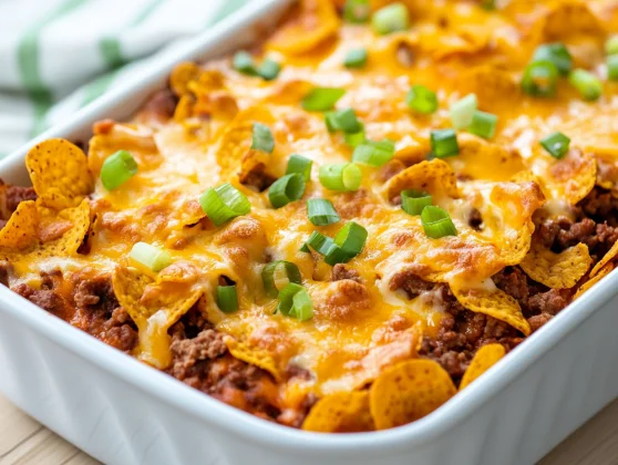 Delicious Frito Pie Casserole With Ground Beef And Melted Cheese Topped With Fritos On A White Dish