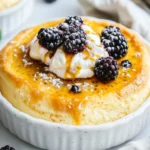 Frozen Passion Fruit Soufflé Garnished With Blackberries And Caramel Drizzle On A White Plate