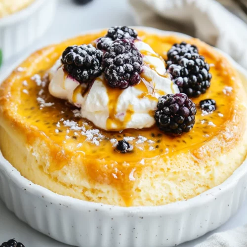 Frozen Passion Fruit Soufflé: The Ultimate Light And Fluffy Dessert 2 Frozen Passion Fruit Soufflé Garnished With Blackberries And Caramel Drizzle On A White Plate