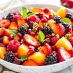 Fruit Salad With Honey Dressing In A White Bowl, Topped With Walnuts And Mint Leaves, Showcasing Vibrant Berries.