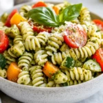 Vibrant Garden Pesto Pasta Salad With Spiral Pasta, Fresh Vegetables, And Parmesan Cheese In A White Bowl