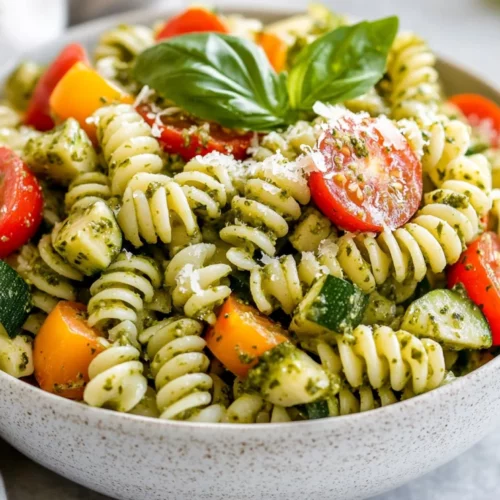 Easy Garden Pesto Pasta Salad Packed With Fresh Vegetables 2 Vibrant Garden Pesto Pasta Salad With Spiral Pasta, Fresh Vegetables, And Parmesan Cheese In A White Bowl