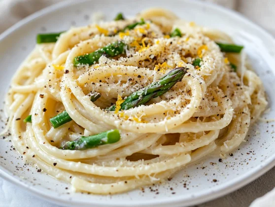 Garlic Cream Bucatini With Asparagus – A Healthy, Creamy Delight 2 Garlic Cream Bucatini With Asparagus On A White Plate Garnished With Toasted Breadcrumbs And Lemon Zest