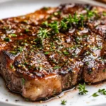 Juicy Garlic Herb Butter Steak On A White Plate Garnished With Fresh Thyme And Rosemary