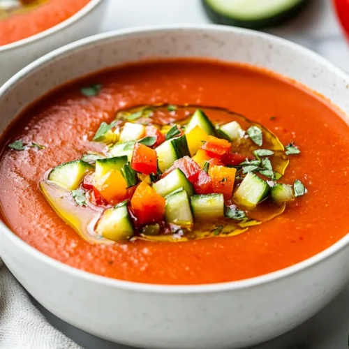 Chilled Gazpacho In A White Bowl Garnished With Cucumber And Herbs, Surrounded By Olive Oil Drizzle.
