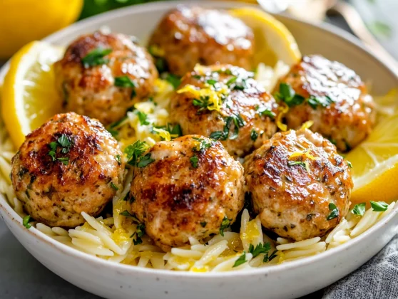 Plate Of Greek Chicken Meatballs With Orzo In Lemon Sauce, Garnished With Parsley And Lemon Slices