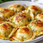 Delicious Greek Salad Ravioli On A White Plate, Garnished With Fresh Dill And Olive Oil Drizzle