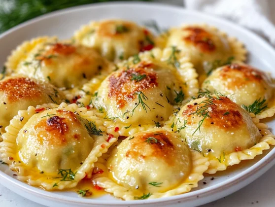 Greek Salad Ravioli: A Healthy Twist On Classic Flavors 2 Delicious Greek Salad Ravioli On A White Plate, Garnished With Fresh Dill And Olive Oil Drizzle