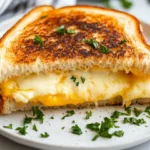 Golden Grilled Cheese With Cream Cheese On A White Plate, Garnished With Fresh Parsley And Soft Lighting