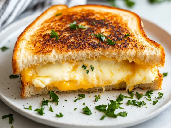 Golden Grilled Cheese With Cream Cheese On A White Plate, Garnished With Fresh Parsley And Soft Lighting
