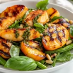 Vibrant Grilled Peach Halloumi Salad On A White Plate Drizzled With Lemon-Pesto Dressing And Garnished With Pine Nuts.