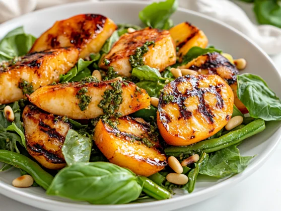 Grilled Peach Halloumi Salad With Lemon-Pesto Dressing 2 Vibrant Grilled Peach Halloumi Salad On A White Plate Drizzled With Lemon-Pesto Dressing And Garnished With Pine Nuts.