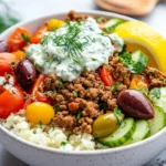 Ground Chicken Greek Bowls With Tzatziki Sauce, Cucumbers, Olives, And Fresh Herbs On A White Dish