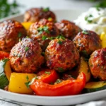 Harissa Meatballs With Feta Served On A White Plate With Roasted Veggies And Lemon Wedges