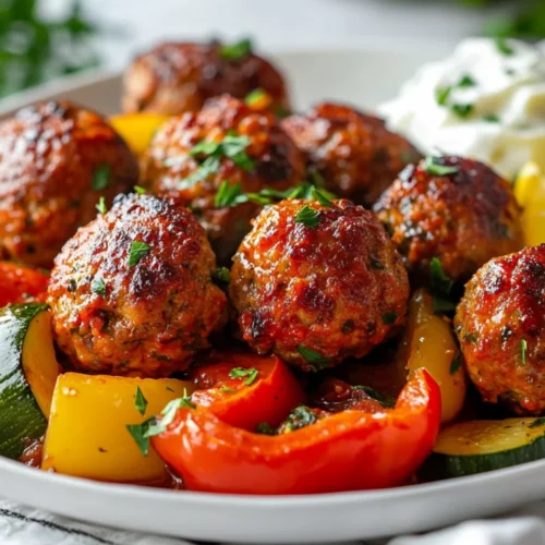 Harissa Meatballs With Feta: A Bold, Healthy Dinner Idea 2 Harissa Meatballs With Feta Served On A White Plate With Roasted Veggies And Lemon Wedges