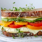 Havarti Avocado Sandwich On A White Plate, Filled With Avocado, Melted Cheese, And Pickled Veggies