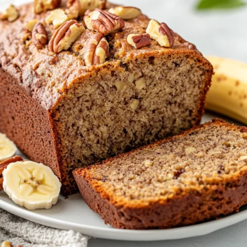 Freshly Sliced Healthy Banana Bread On A White Plate Garnished With Banana Slices And Nuts