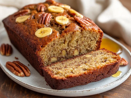 Slice Of Healthy Banana Bread Without Eggs On A White Plate, Drizzled With Honey And Sprinkled With Pecans.